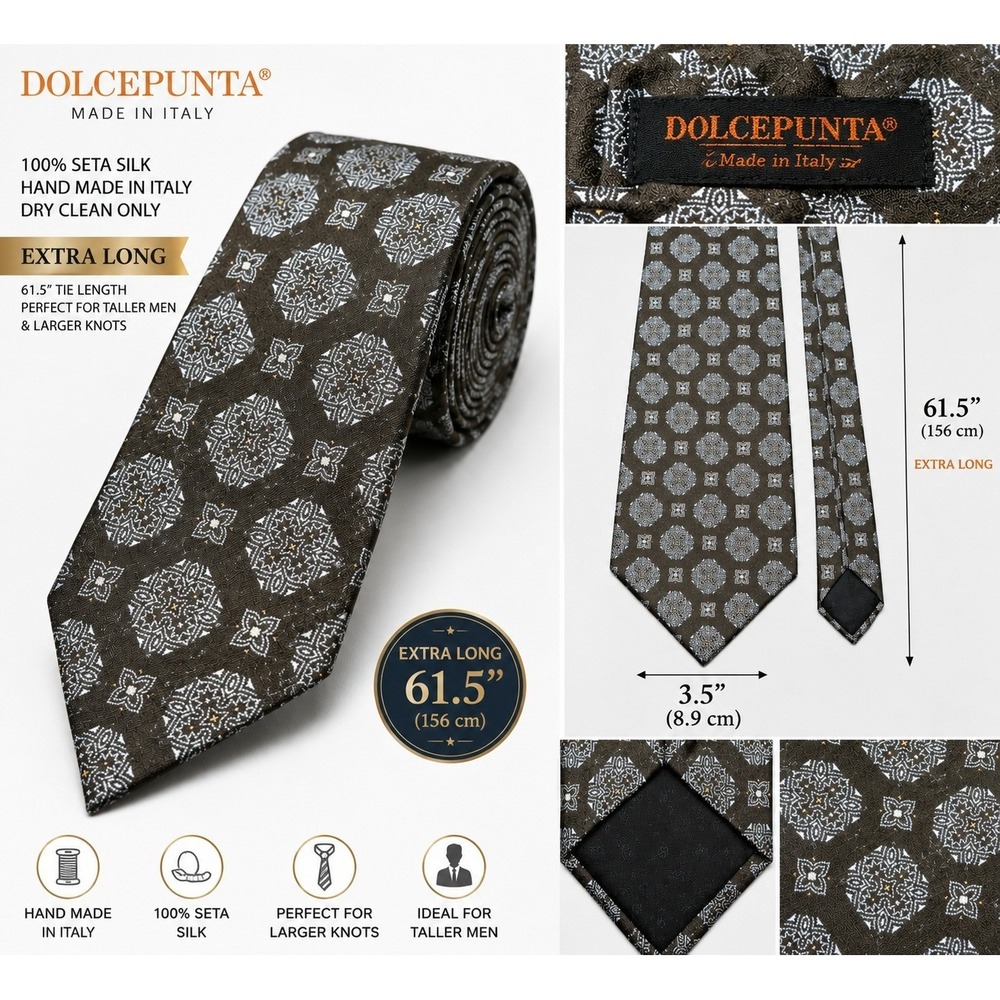 DOLCE PUNTAS Silk Tie Men Brown Geometric Pattern Luxury Italian  3.5"W 61.5L